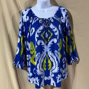Multiples Size PL Blue Ikat Print Peasant Top